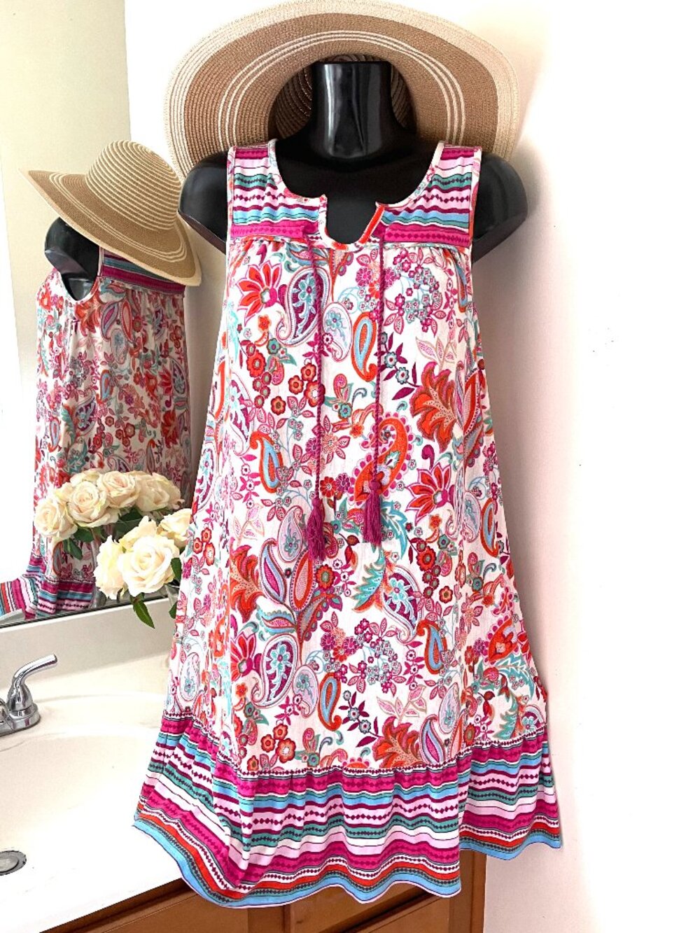 ND New Directions Boho Dress MEDIUM Pink Floral Women Dress sleeveless Bohemian